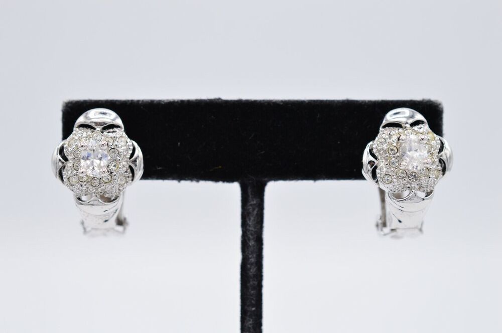 Nadri Vintage Clip On Earrings Crystal Rhinestone Silver Sparkling Signed BinZ